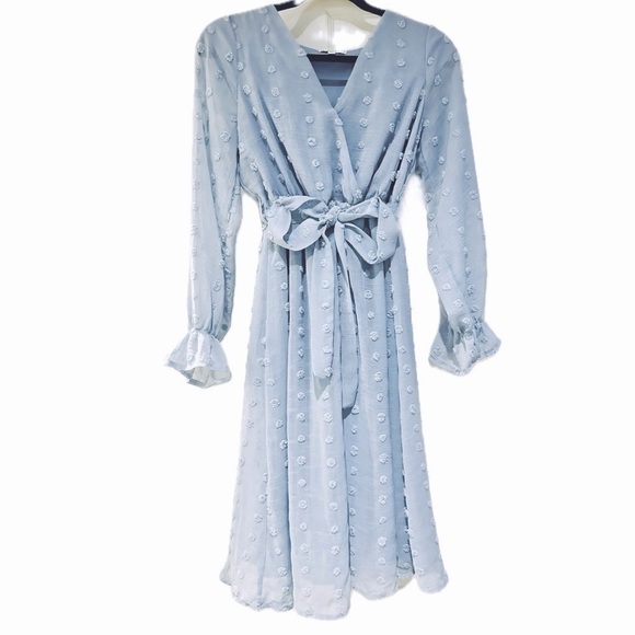 👗🌿 BALTIC BORN Swiss Dot Chiffon Midi Dress | Dusty Blue Belted Lined, Size XS - Picture 1 of 7